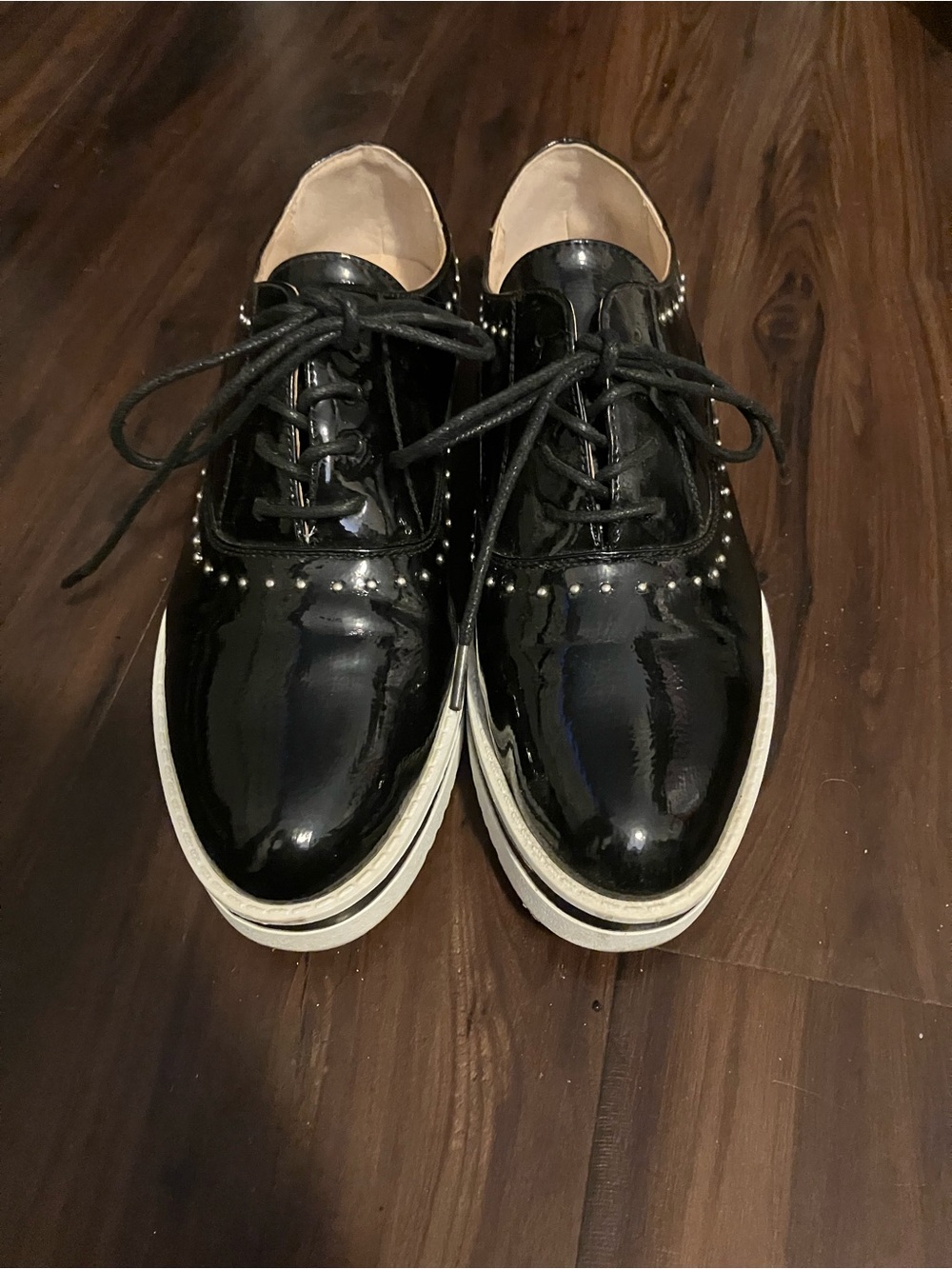 Women’s Black Patent Lace-Up Oxfords with Stud Detailing
